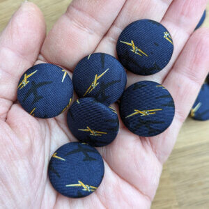 Handmade Button - 22mm Gold Planes on Navy - Recycled Tie on Metal Shank