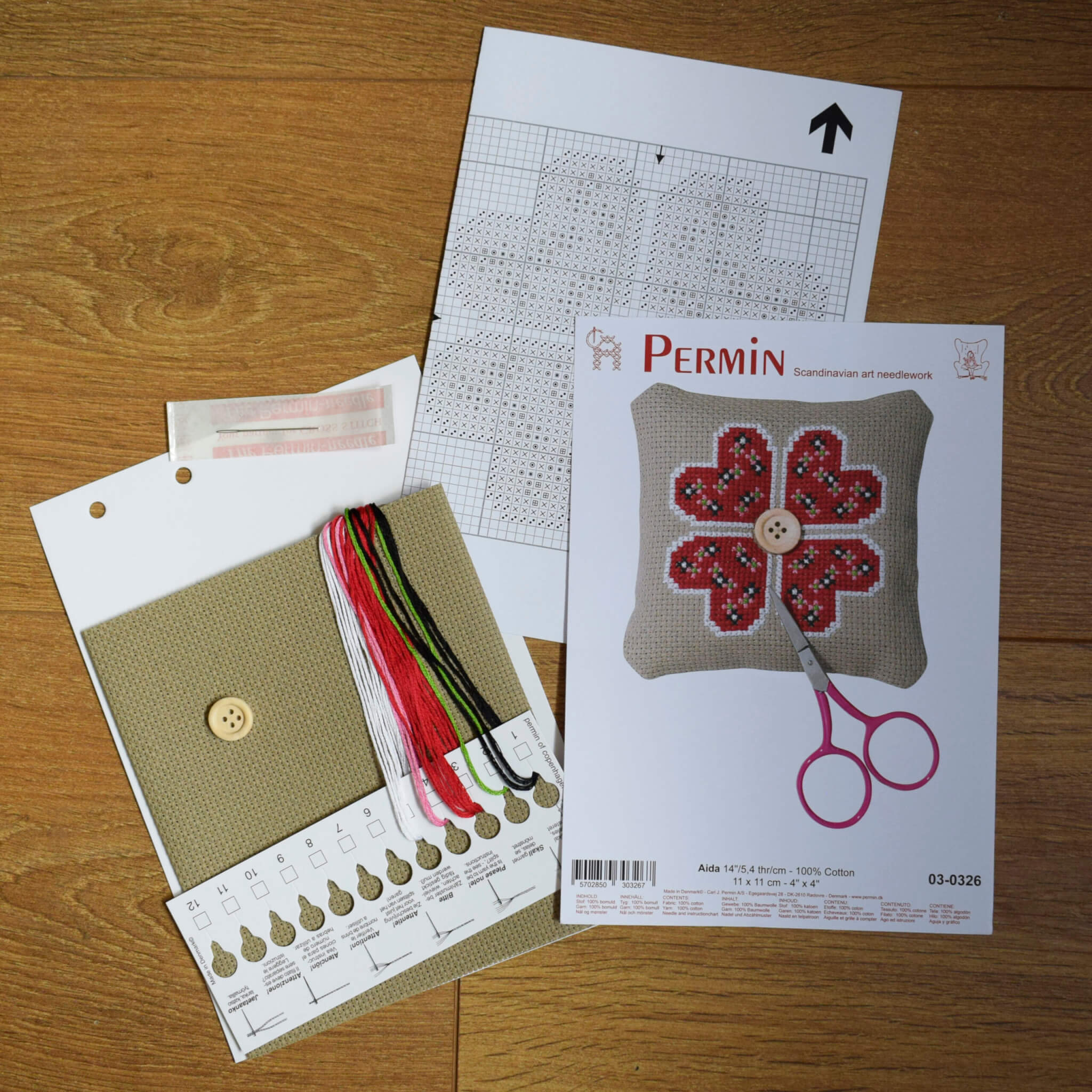 Cross Stitch Pincushion Kit - Folk Art Hearts by Permin - Beginner - Image 3