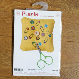Needlepillow / Pincushion Cross Stitch Kit - "Buttons and Safety Pins" by Permin - Beginner