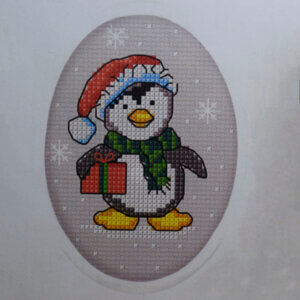 Christmas Hat Penguin and Present Greeting Card Cross-Stitch Kit