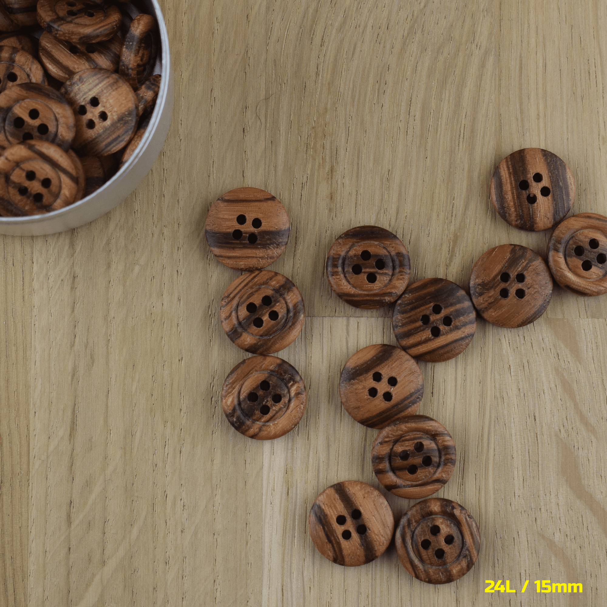 Olive Wood Buttons – Pack of 5 – 4-Hole Round with Indent – 15mm, 23mm, 28mm - Image 3