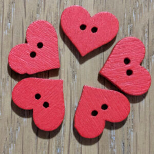 Wooden Heart Buttons - Red - Pack of 5 - 15 x 13mm 2-Hole