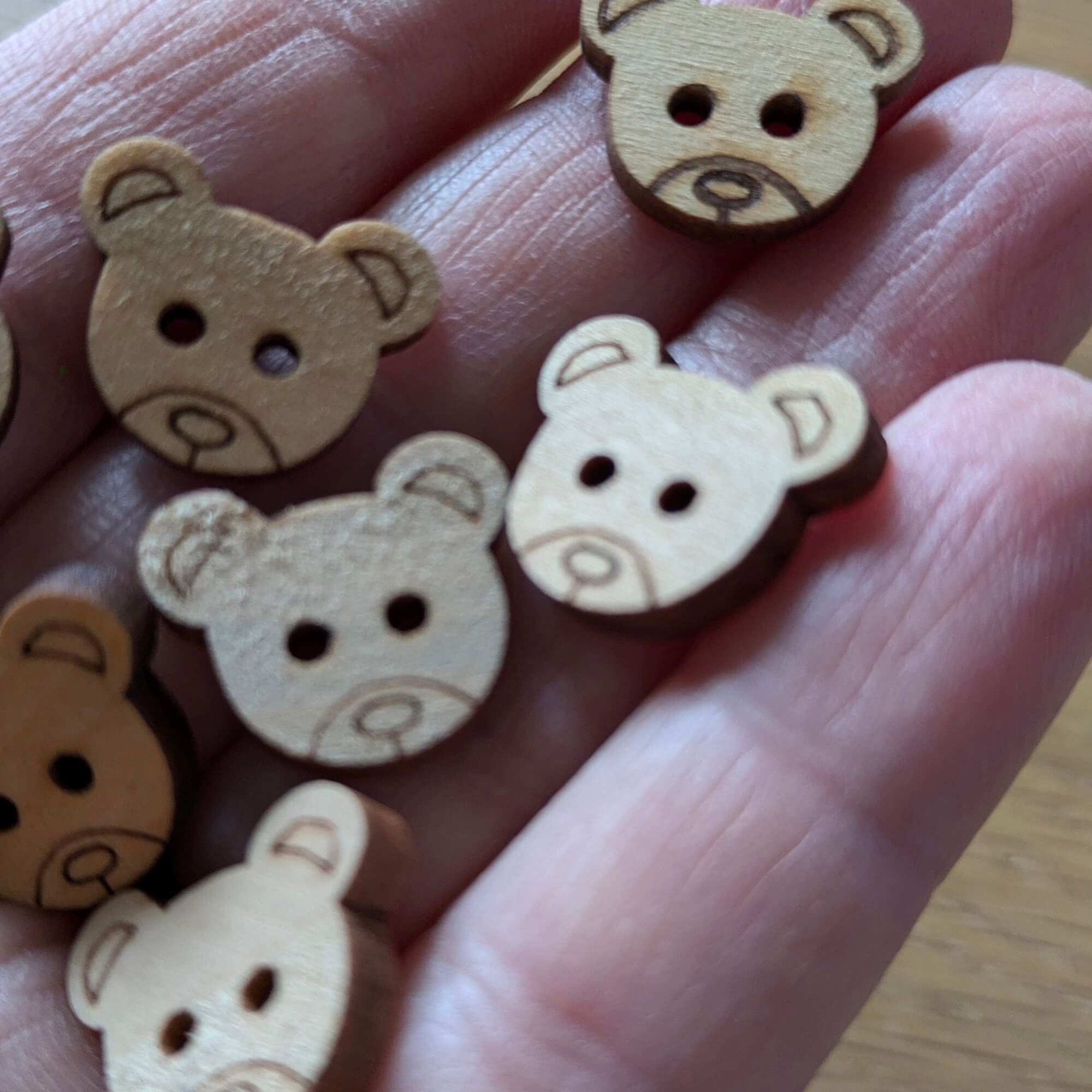 Wooden Teddy Bear Face Buttons - Pack of 6 - 15mm 2-Hole - For Children's Clothes & Crafts