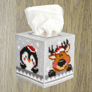 Needlepoint Kit - Tissue Box Cover - Winter Pets - Plastic Canva