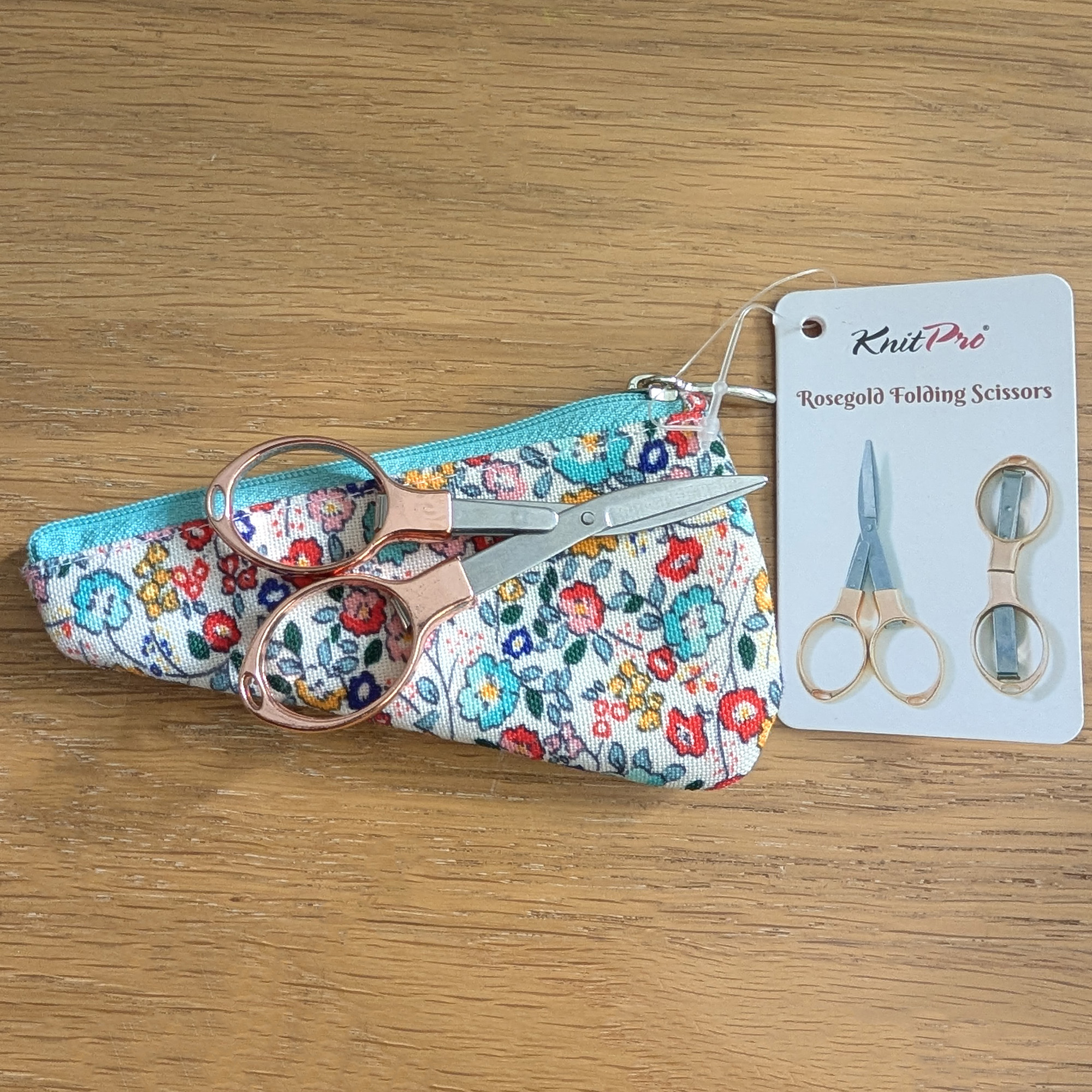 KnitPro Rose Gold Folding Scissors - 9.6cm with Floral Pouch
